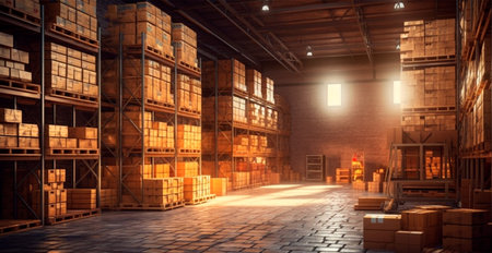 Large industrial warehouse with high racks, business logistics industry - AI generated imageの写真素材