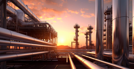 Industrial oil refinery area, detail of steel oil pipeline equipment, oil and gas storage AI...