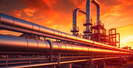 Industrial oil refinery area, detail of steel oil pipeline equipment, oil and gas storage AI...