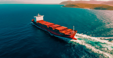 Top view of cargo sea ship with contrail in ocean ship carrying container AI generated imageの素材