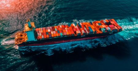 Top view of cargo sea ship with contrail in ocean ship carrying container AI generated imageの素材