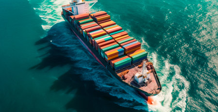Top view of cargo sea ship with contrail in ocean ship carrying container AI generated imageの素材