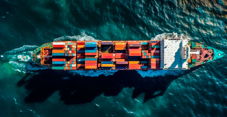 Top view of cargo sea ship with contrail in ocean ship carrying container AI generated imageの素材