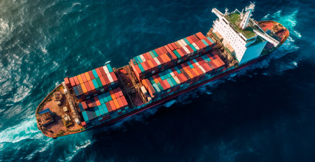 Top view of cargo sea ship with contrail in ocean ship carrying container AI generated imageの写真素材