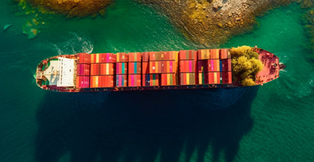 Top view of cargo sea ship with contrail in ocean ship at sunset carrying container AI generated imageの素材