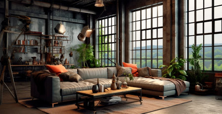 Industrial loft style empty old apartment warehouse interior, brick wall, concrete floor AI...