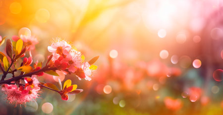 Spring season flowering plant branches with wooden table stand, floral panoramic background AI generated imageの写真素材