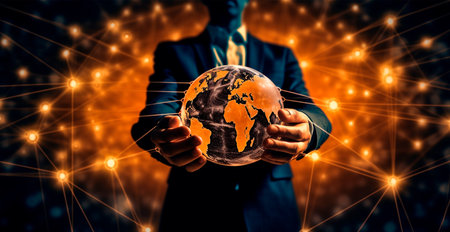 Close-up of a businessman holding a digital globe in his palm, business concept AI generated image