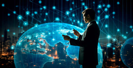 Close-up of a businessman holding a digital globe in his palm, business concept AI generated image