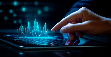 Close-up of a businessman holding a tablet, growth charts, development economics AI generated image