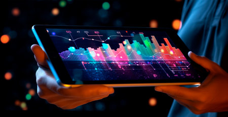 Close-up of a businessman holding a tablet, growth charts, development economics AI generated imageの写真素材