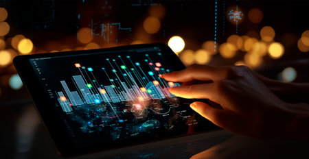 Close-up of a businessman holding a tablet, growth charts, development economics AI generated image