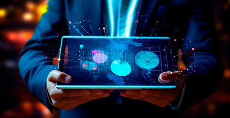 Close-up of a businessman holding a tablet, growth charts, development economics AI generated image