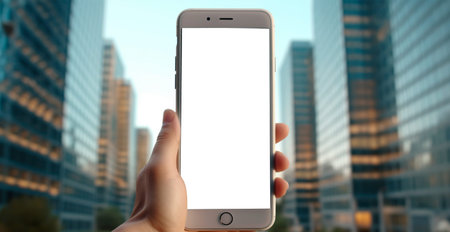 Mockup image of man holding smartphone with blank white screen, business concept AI generated image