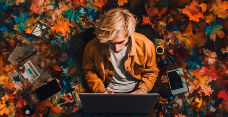 Young freelancer working remotely on a laptop, creative modern approach to work AI generated image