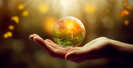 Hands holding the globe, caring about the environment AI generated imageの写真素材