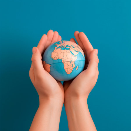 A man holds a globe in his hands AI generated imageの写真素材