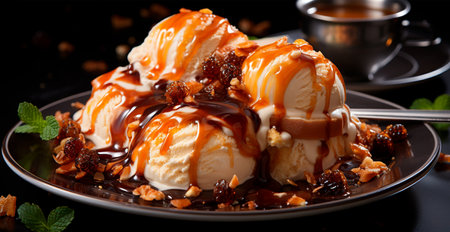 Ice cream in a plate, liquid sweet caramel, honey AI generated imageの写真素材