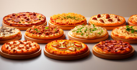 Many different freshly baked pizzas AI generated imageの写真素材