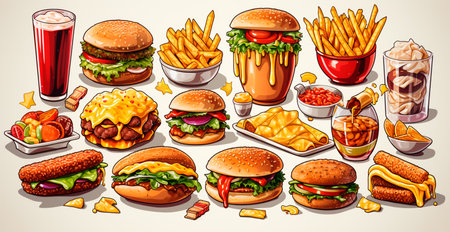 Large set of different fast food, junk food AI generated imageの写真素材