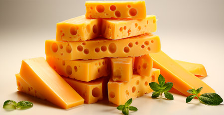 Yellow cheese cubes stacked in random order on a white background AI generated imageの写真素材
