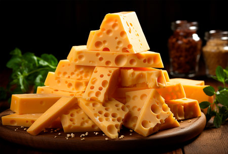 Yellow cheese cubes stacked in random order on a black background AI generated imageの写真素材