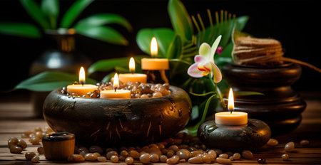 Wellness decoration, spa massage, oil on stone background. Zen, relaxation concept AI generated imageの写真素材