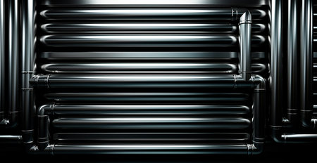 High quality galvanized steel pipe or aluminum and chrome stainless steel pipes in stack AI generated imageの写真素材