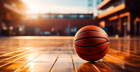 Basketball on an open court at sunset AI generated image