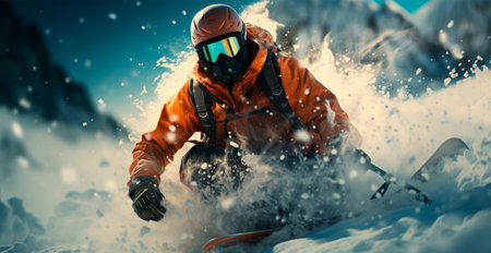 Ski slope in the Alps, mountain descent in winter on a snowboard, winter sports holiday AI generated imageの写真素材