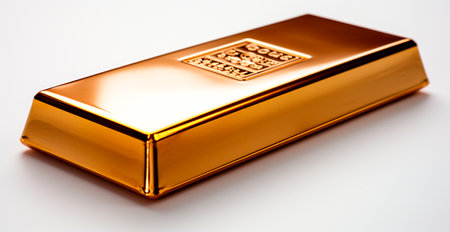 Shiny gold bar from above isolated on white background AI generated imageの写真素材