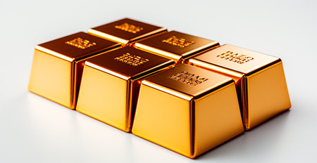 Shiny gold bar from above isolated on white background AI generated imageの写真素材