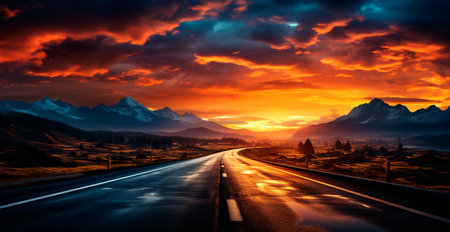 Asphalt road stretching into the distance, mountain sunset AI generated imageの写真素材