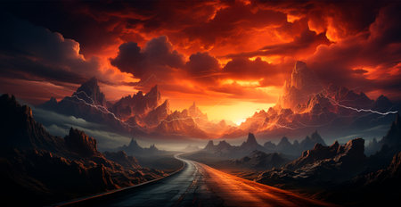 Asphalt road stretching into the distance, mountain sunset AI generated imageの写真素材