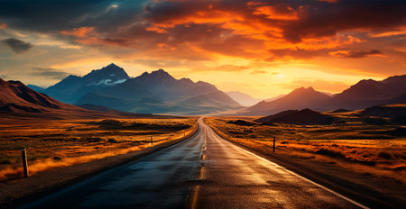 Asphalt road stretching into the distance, mountain sunset AI generated imageの写真素材