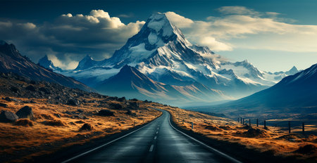Asphalt road stretching into the distance, mountain snowy landscape AI generated imageの写真素材
