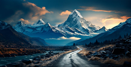 Asphalt road stretching into the distance, mountain snowy landscape AI generated imageの写真素材