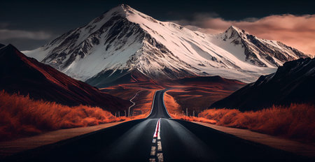 Asphalt road stretching into the distance, mountain snowy landscape AI generated imageの写真素材
