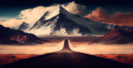 Asphalt road stretching into the distance, mountain snowy landscape AI generated imageの写真素材