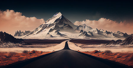 Asphalt road stretching into the distance, cloudy landscape AI generated imageの写真素材