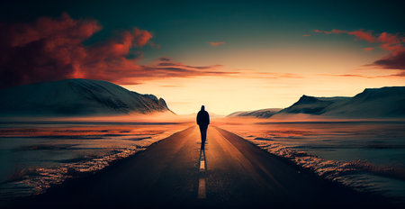 An asphalt road stretching into the distance, a man walking along the road AI generated imageの写真素材