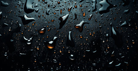 Full frame of water drops sliding on a black wet surface AI generated imageの写真素材