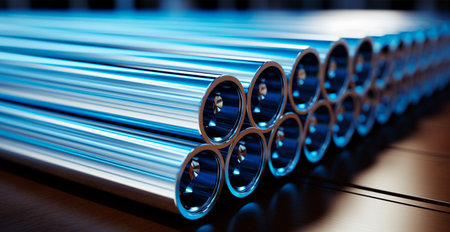 High quality galvanized steel pipe or aluminum and chrome stainless steel pipes in stack AI generated imageの写真素材