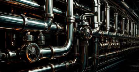High quality galvanized steel pipe or aluminum and chrome stainless steel pipes in stack AI generated imageの写真素材