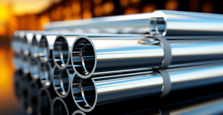 High quality galvanized steel pipe or aluminum and chrome stainless steel pipes in stack AI generated imageの写真素材