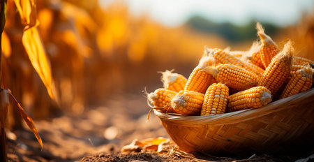 Bright corn cob, yellow seeds, agricultural background image generated by AI
