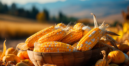 Bright corn cob, yellow seeds, agricultural background image generated by AIの写真素材