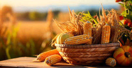 Bright corn cob, yellow seeds, agricultural background image generated by AIの写真素材