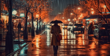 Girl in the rain with an umbrella, blurred background AI generated imageの写真素材