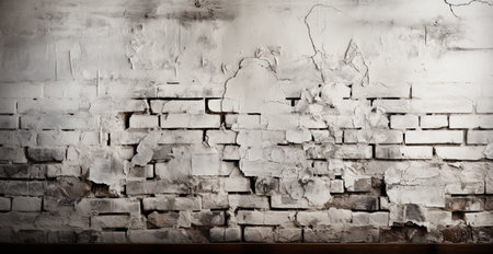 Panoramic texture, old destroyed white brick wall image created by AIの写真素材